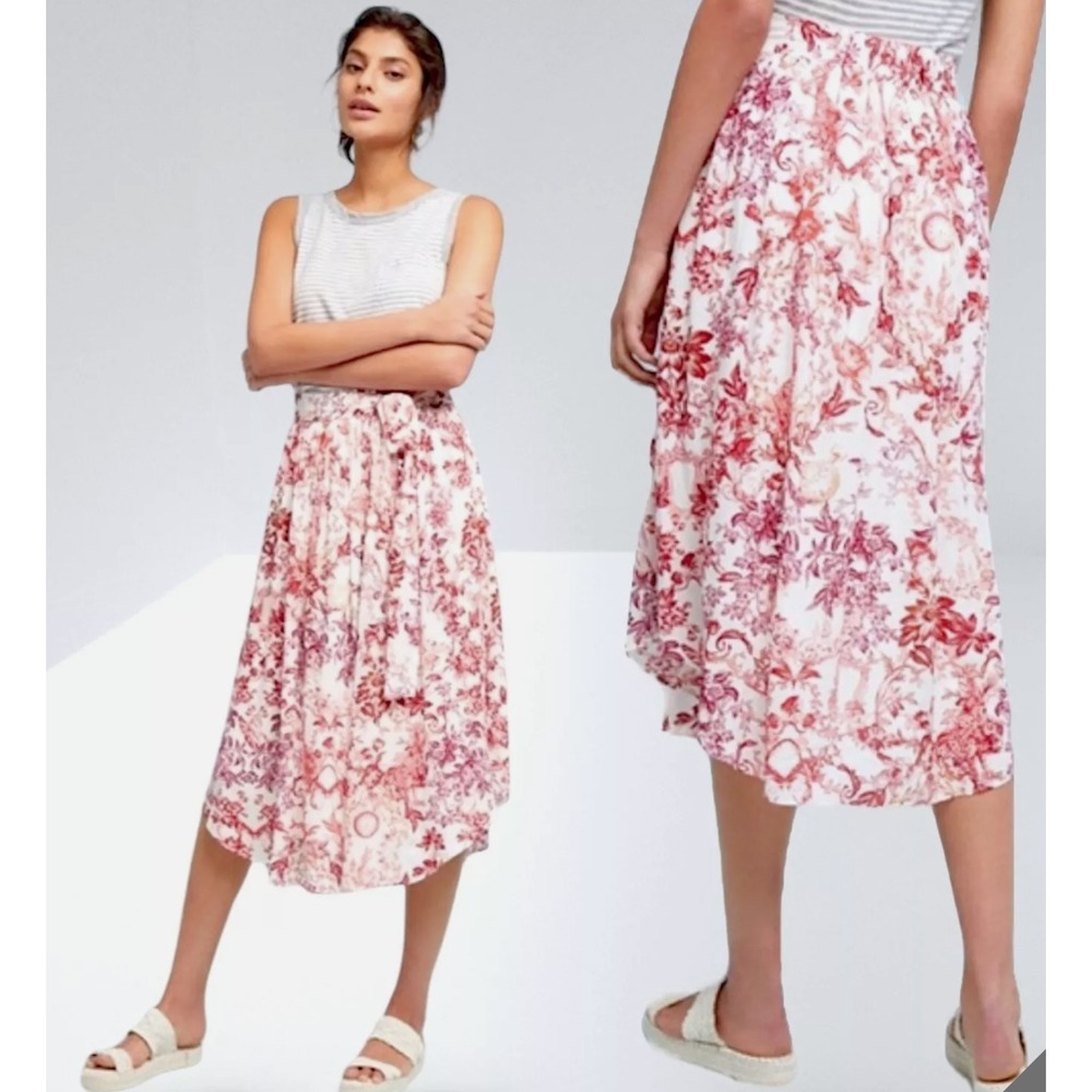 Anthropologie Maeve Floral Midi Skirt L Hi Low Tie Waist Cottagecore Boho Garden